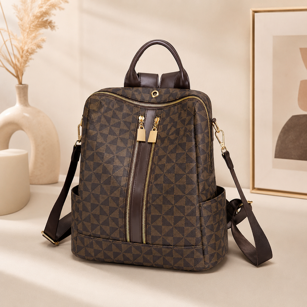 Mochila Moderna con Estampado, Gran Capacidad, Estilo Casual para Viaje, Tendencia Urbana y Cuero Sintético Retro