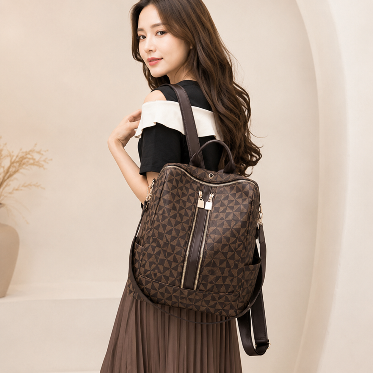 Mochila Moderna con Estampado, Gran Capacidad, Estilo Casual para Viaje, Tendencia Urbana y Cuero Sintético Retro