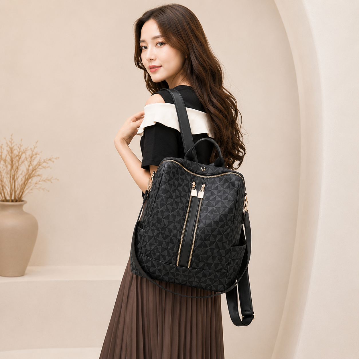 Mochila Moderna con Estampado, Gran Capacidad, Estilo Casual para Viaje, Tendencia Urbana y Cuero Sintético Retro